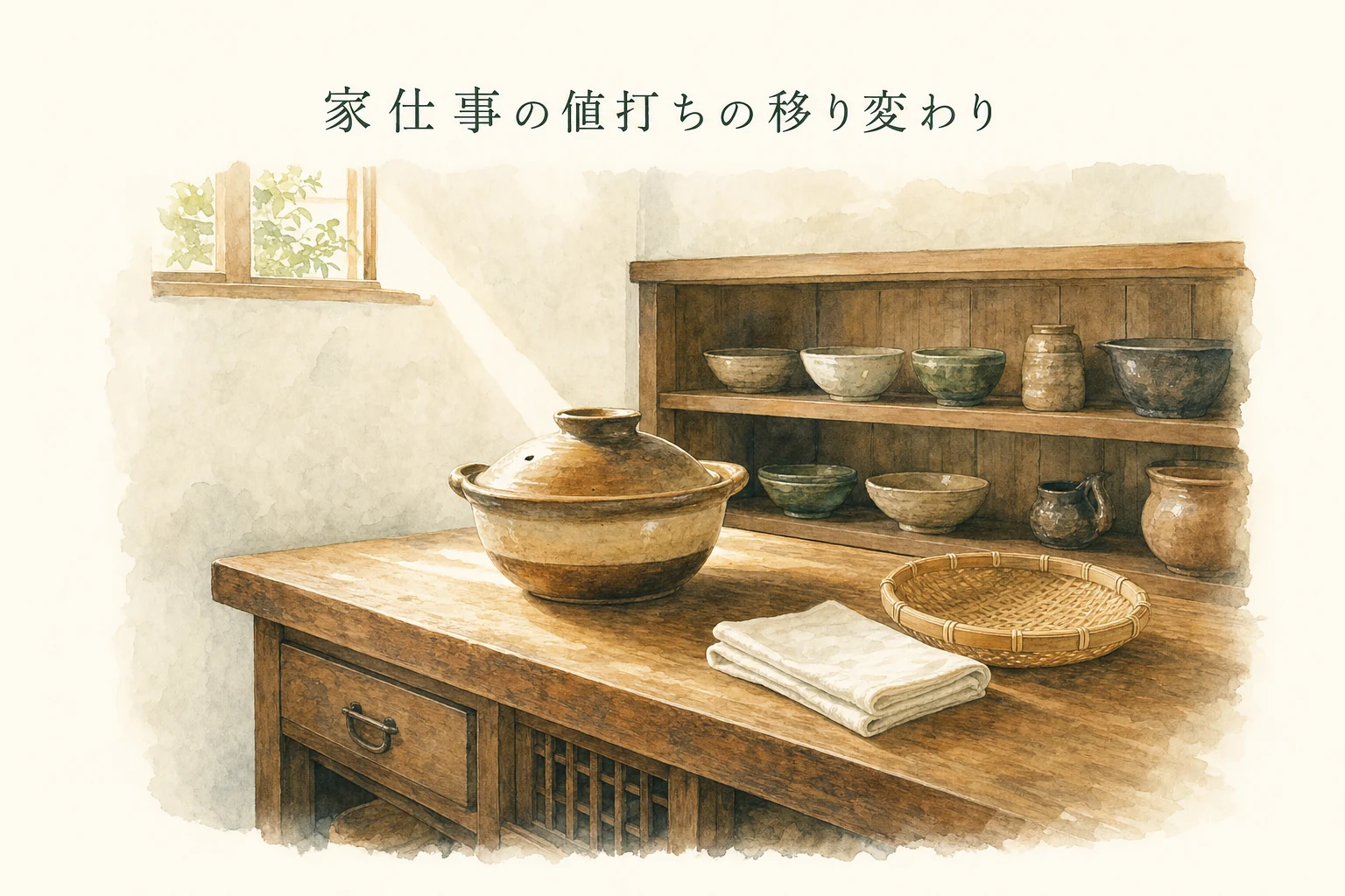 古い木の台所に土鍋と並んだ器、レトロなやわらかい光が差し込むアイキャッチ
