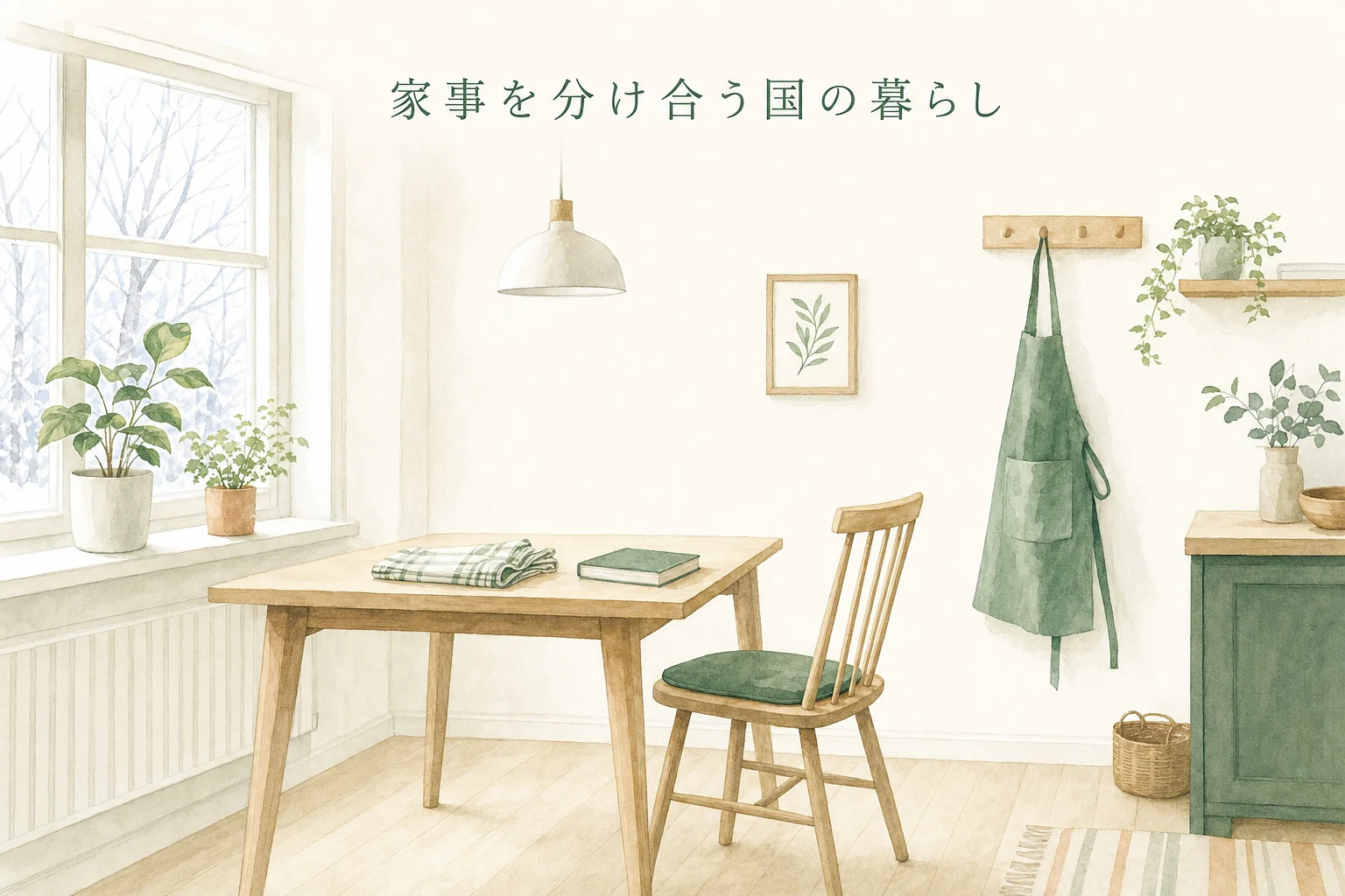 白木の床とシンプルな椅子、窓辺の鉢植えが並ぶ北欧風の部屋を描いたアイキャッチ