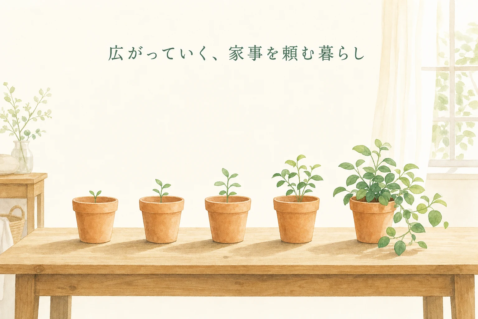 同じ鉢が左から右へ並び、右へ行くほど苗が大きく育っている、市場の広がりを表したアイキャッチ