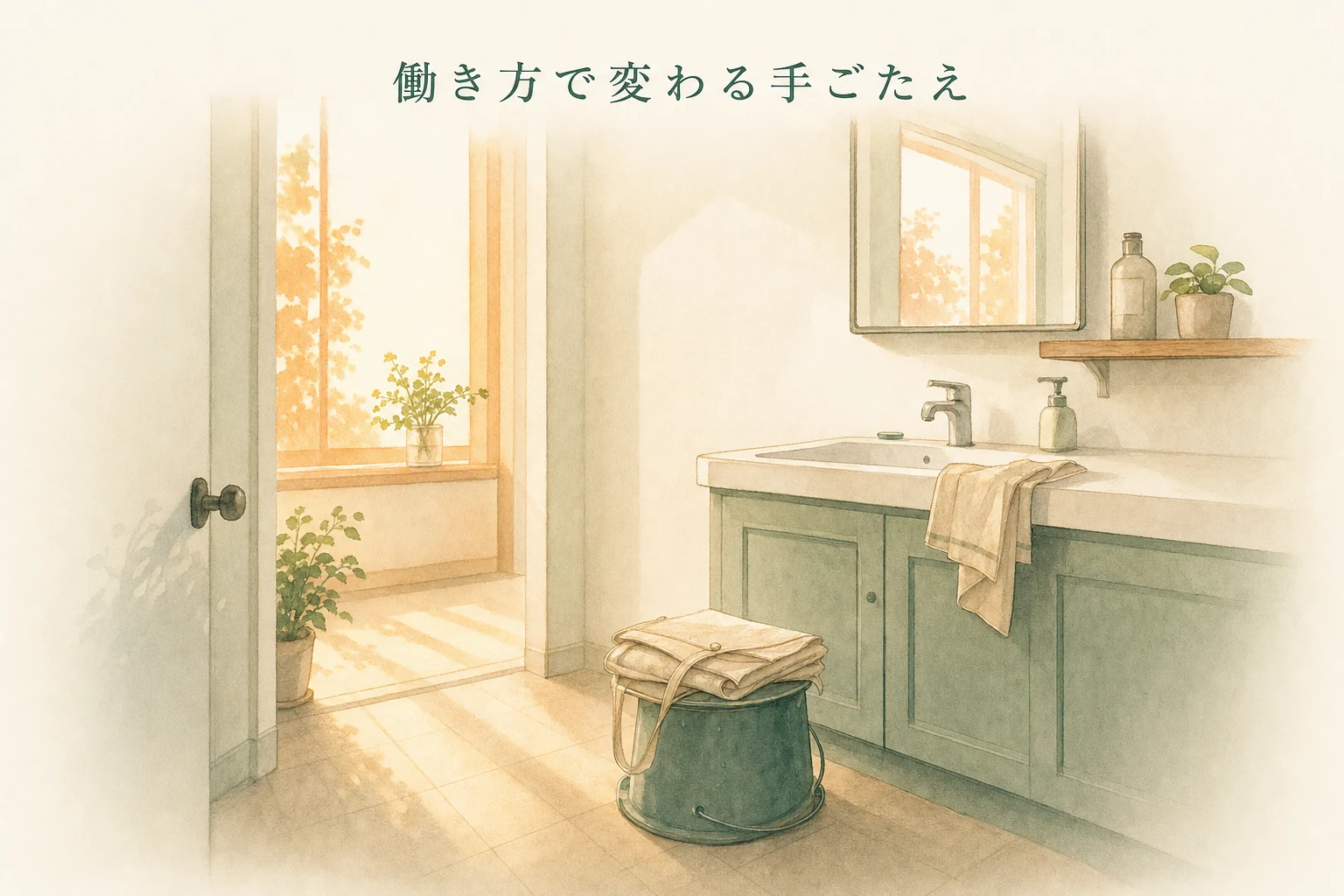 仕事を終えて片付けたバケツとたたんだエプロン、夕方の光が差す洗面所のアイキャッチ