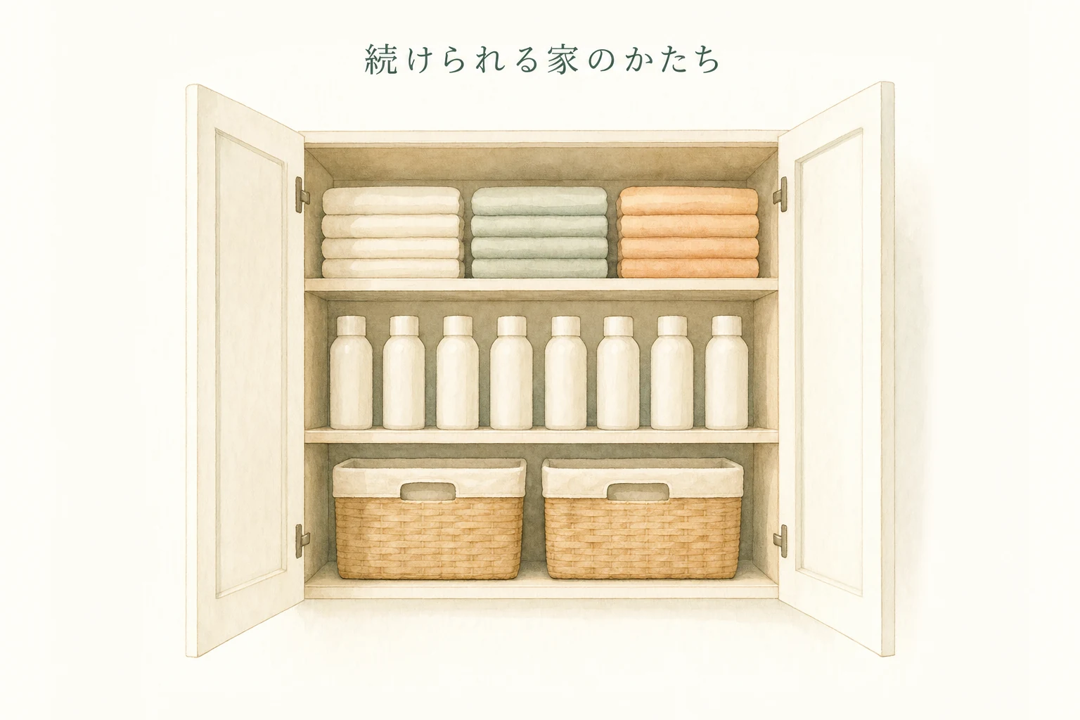 扉を開けた収納棚の中に、道具が種類ごとに揃って並んでいる正面構図のアイキャッチ