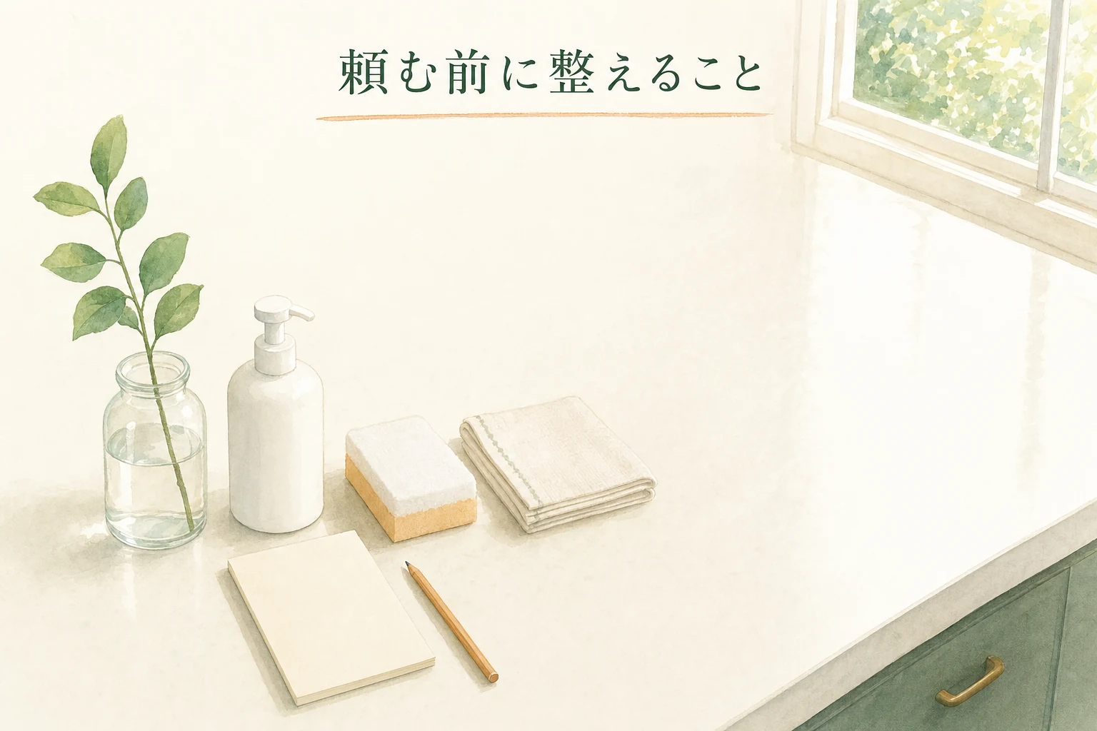 台所の作業台に洗剤とスポンジ、たたんだ布とメモ用紙をきちんと揃えて置いたアイキャッチ