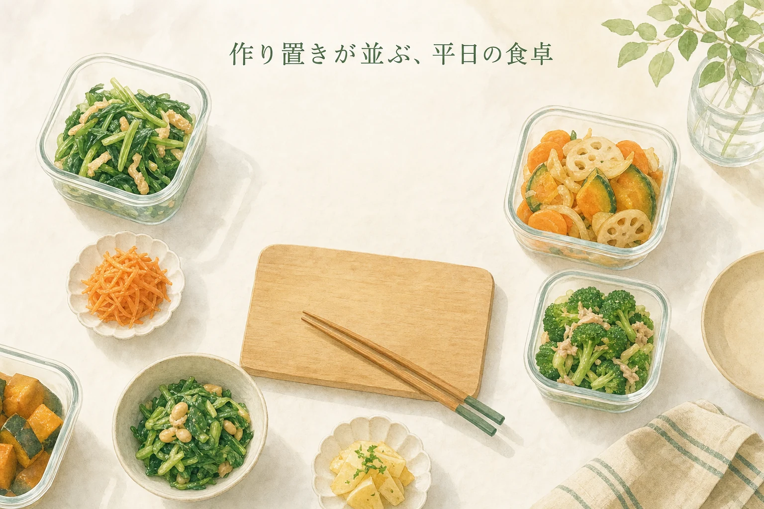 白い布の上に保存容器と小皿が整然と並ぶ、平日の食卓に作り置きが並ぶ様子の俯瞰アイキャッチ