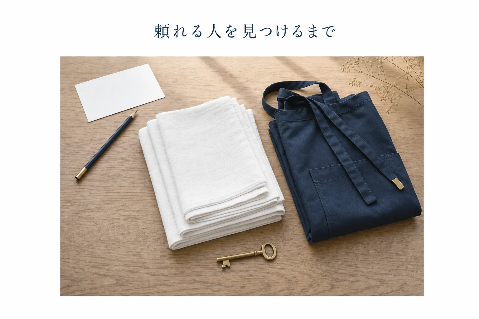 たたんだ布巾とエプロン、鍵、無地の予約カードを俯瞰で並べた家事代行のアイキャッチ