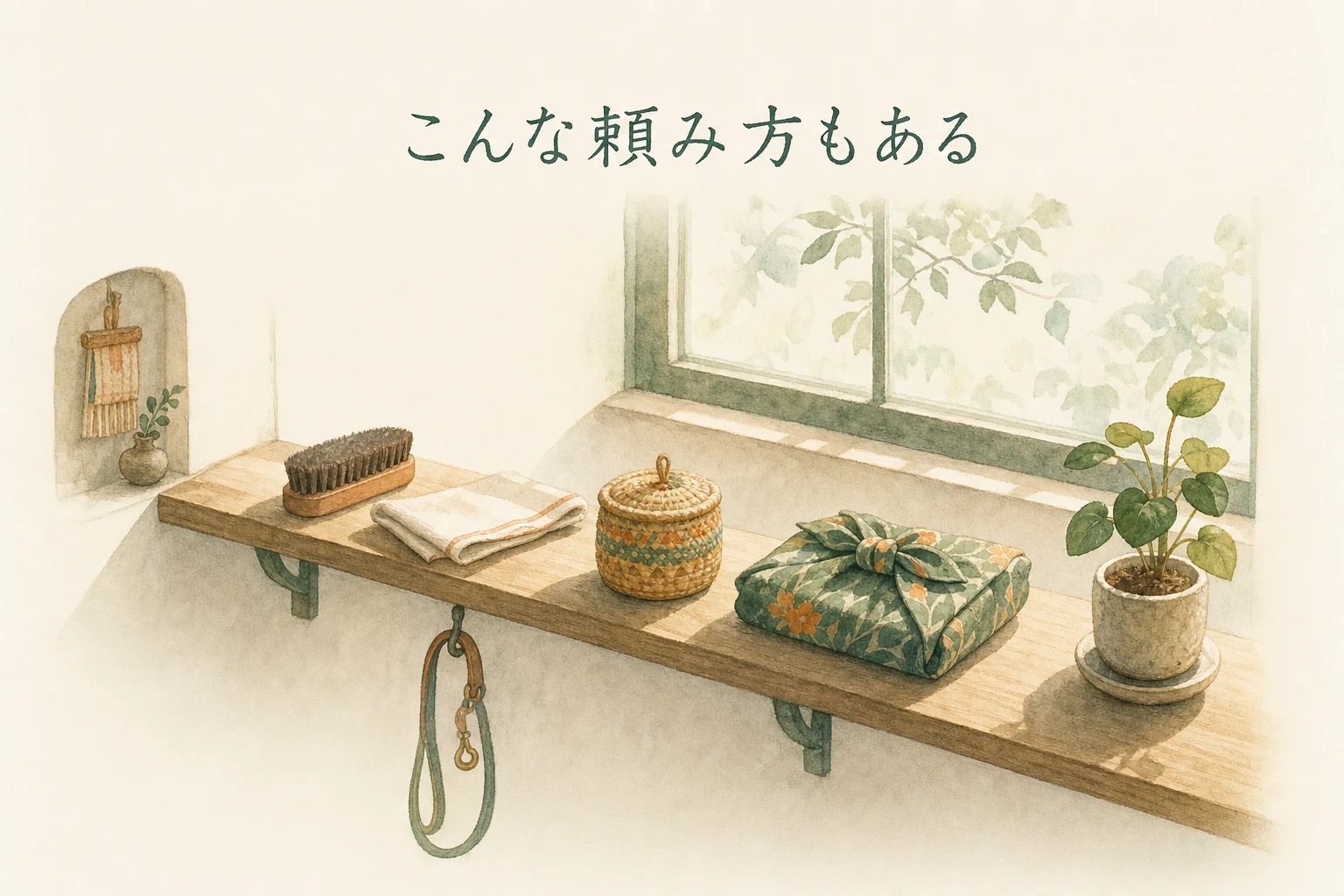 窓辺の棚に靴磨きの道具や小さなかご、掛かったリードなど少し変わった道具が並ぶアイキャッチ