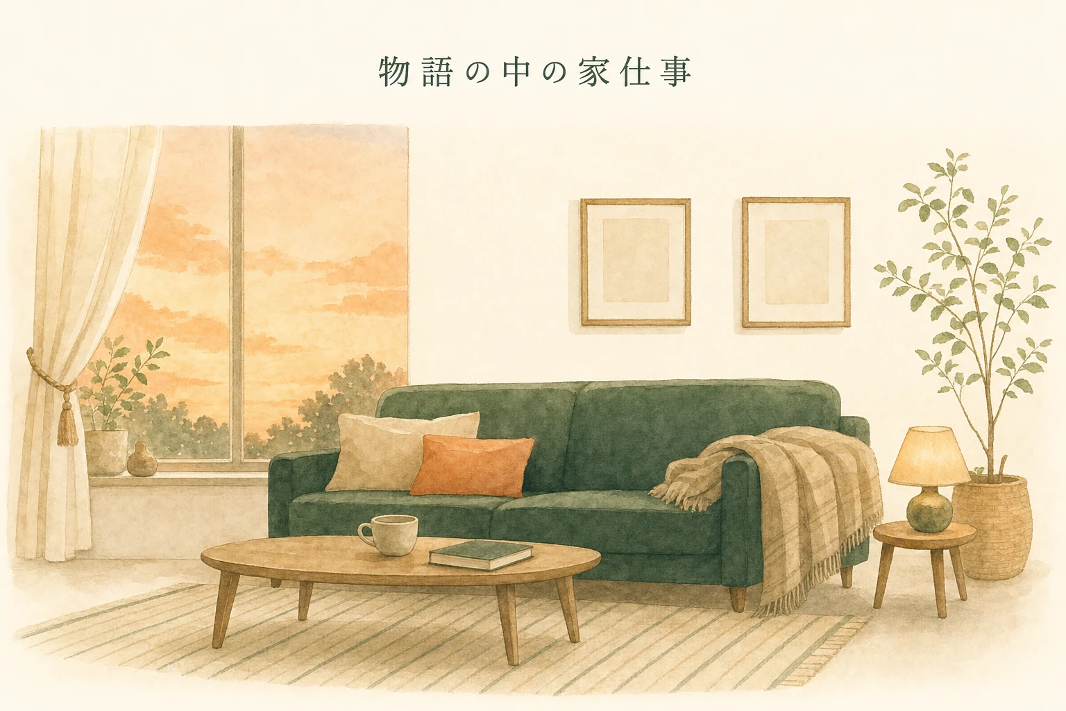 夕方の居間のソファ前にたたんだブランケットとカップ、壁に無地の額が掛かるアイキャッチ