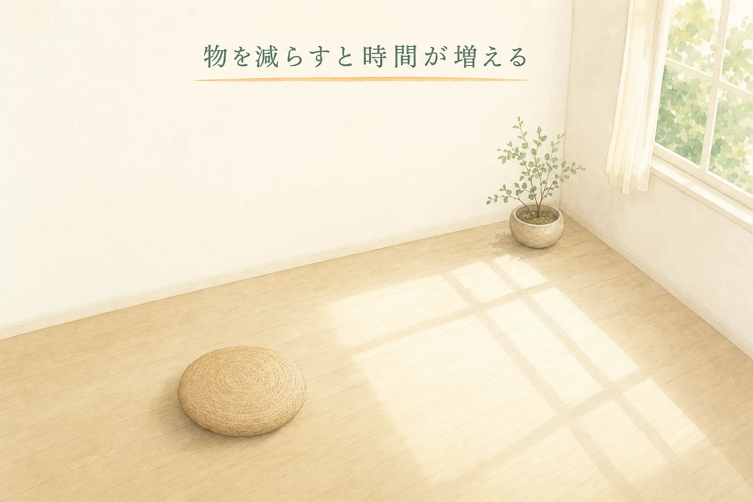 何も置かれていない白い部屋の隅に、座布団と小さな鉢だけがある簡素な部屋のアイキャッチ