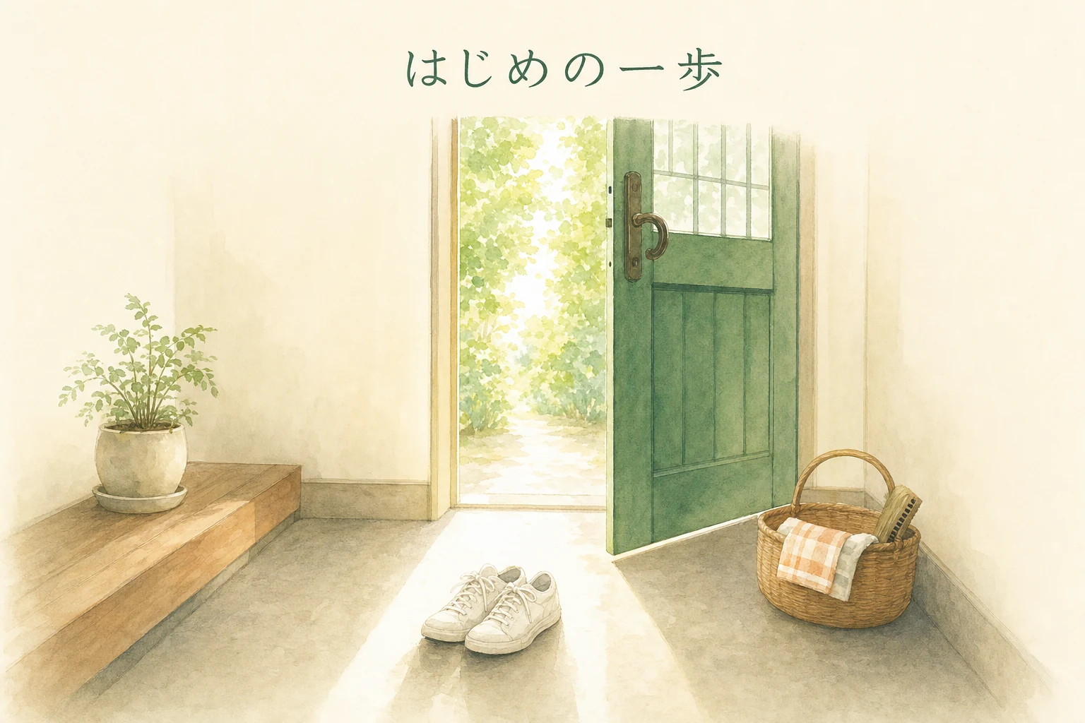 開いた玄関の扉から朝の光が差し込み、三和土に靴と道具かごが置かれたアイキャッチ