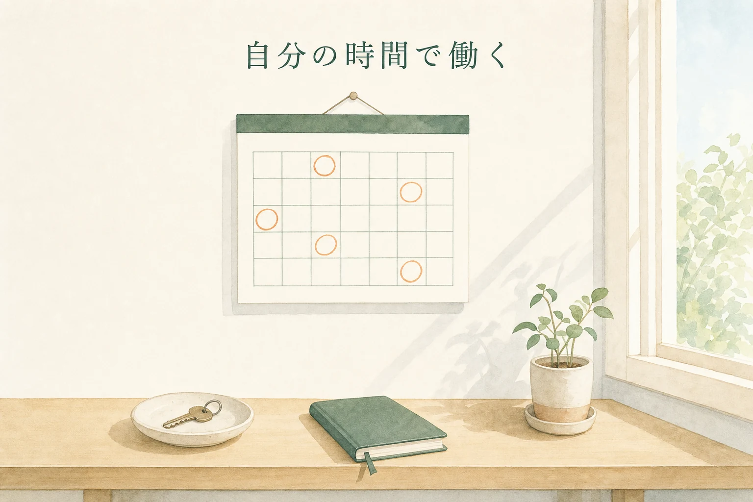 壁の無地のマス目カレンダーと、その下の机に置かれた鍵と鉢植えを描いたアイキャッチ