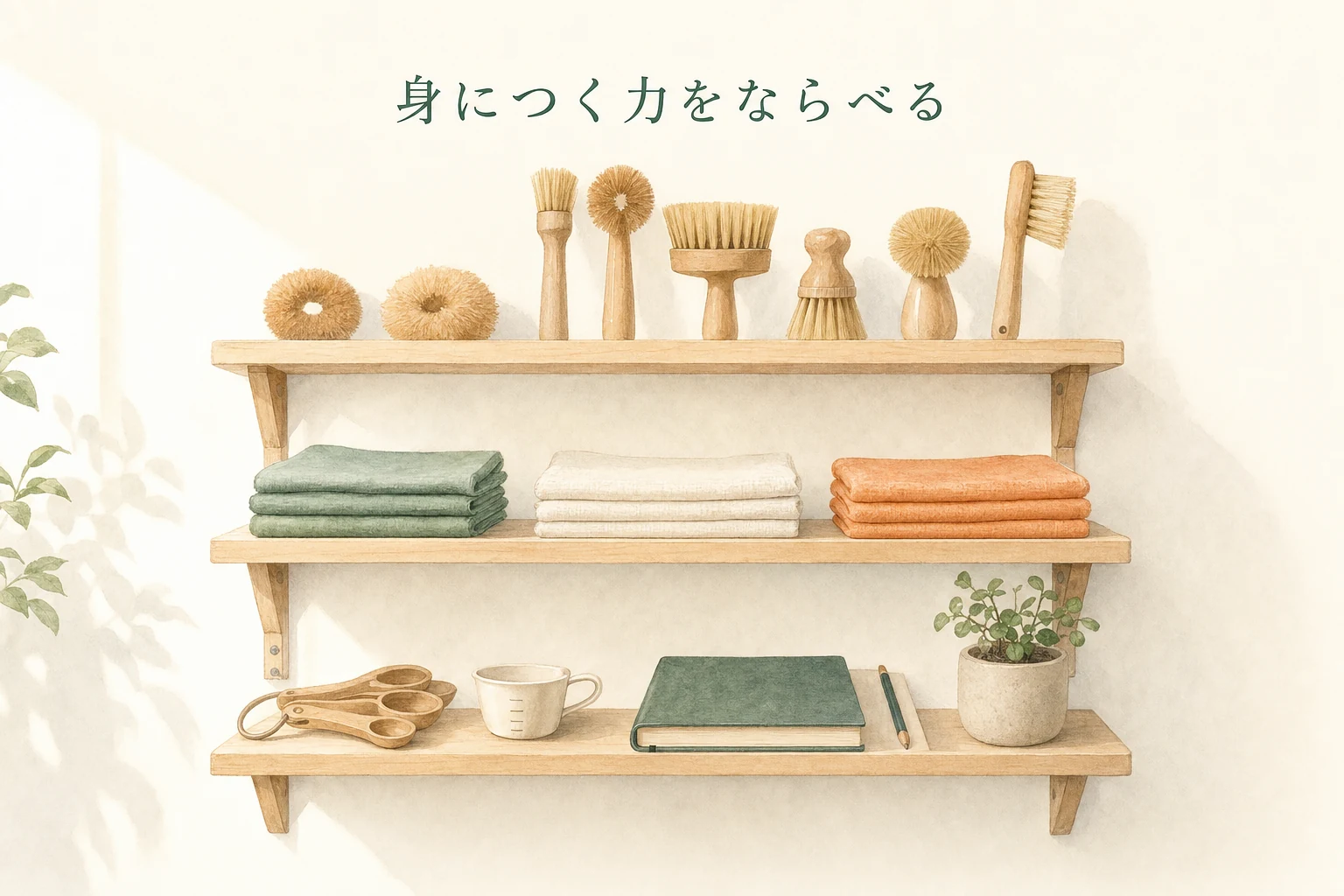 壁の棚にブラシ・クロス・計量スプーン・手帳が種類ごとに並んだ、正面から見た棚のアイキャッチ