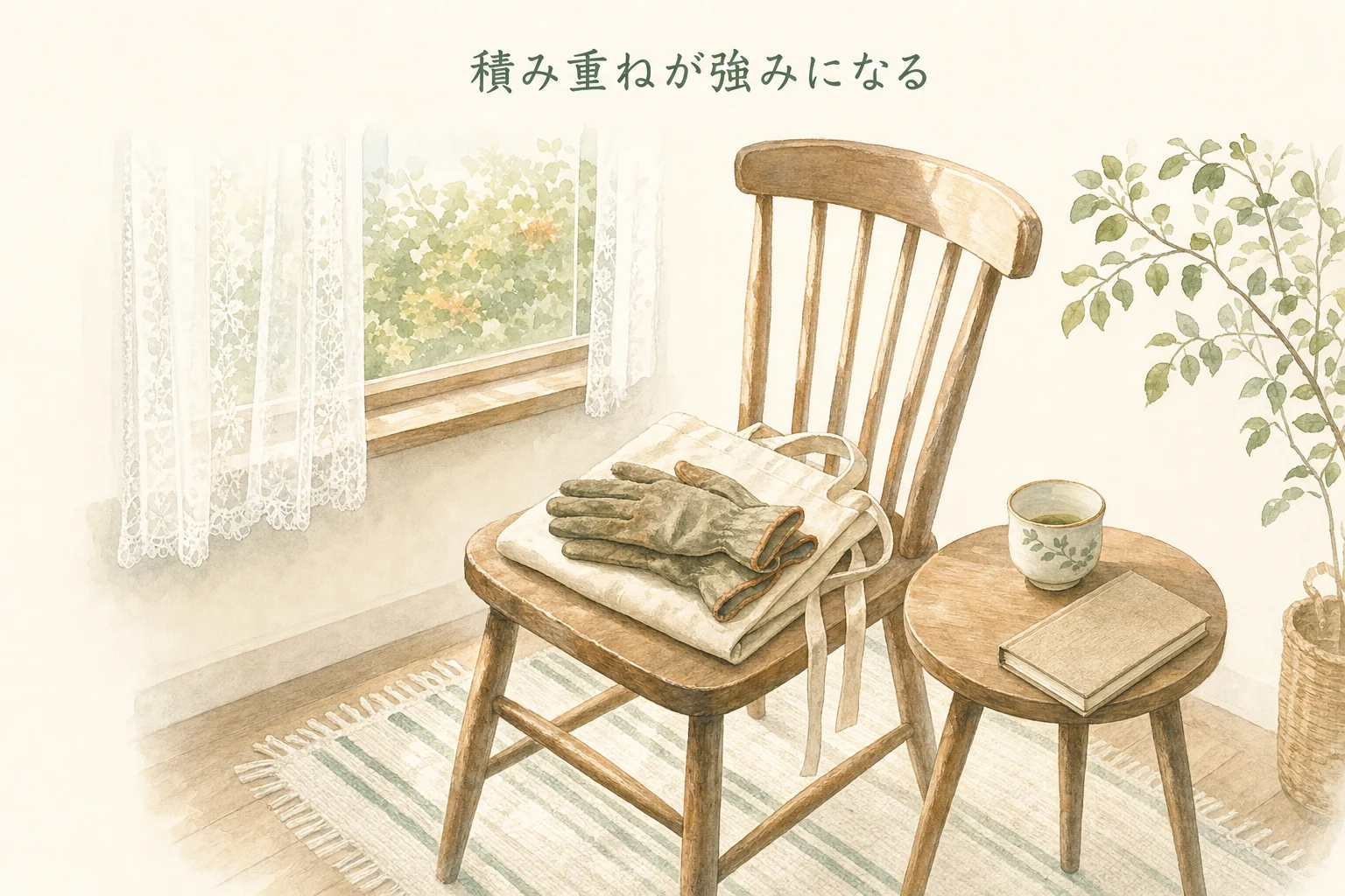 窓辺の椅子にたたんだエプロンと使い込まれた手袋、傍らの湯呑みを描いたアイキャッチ