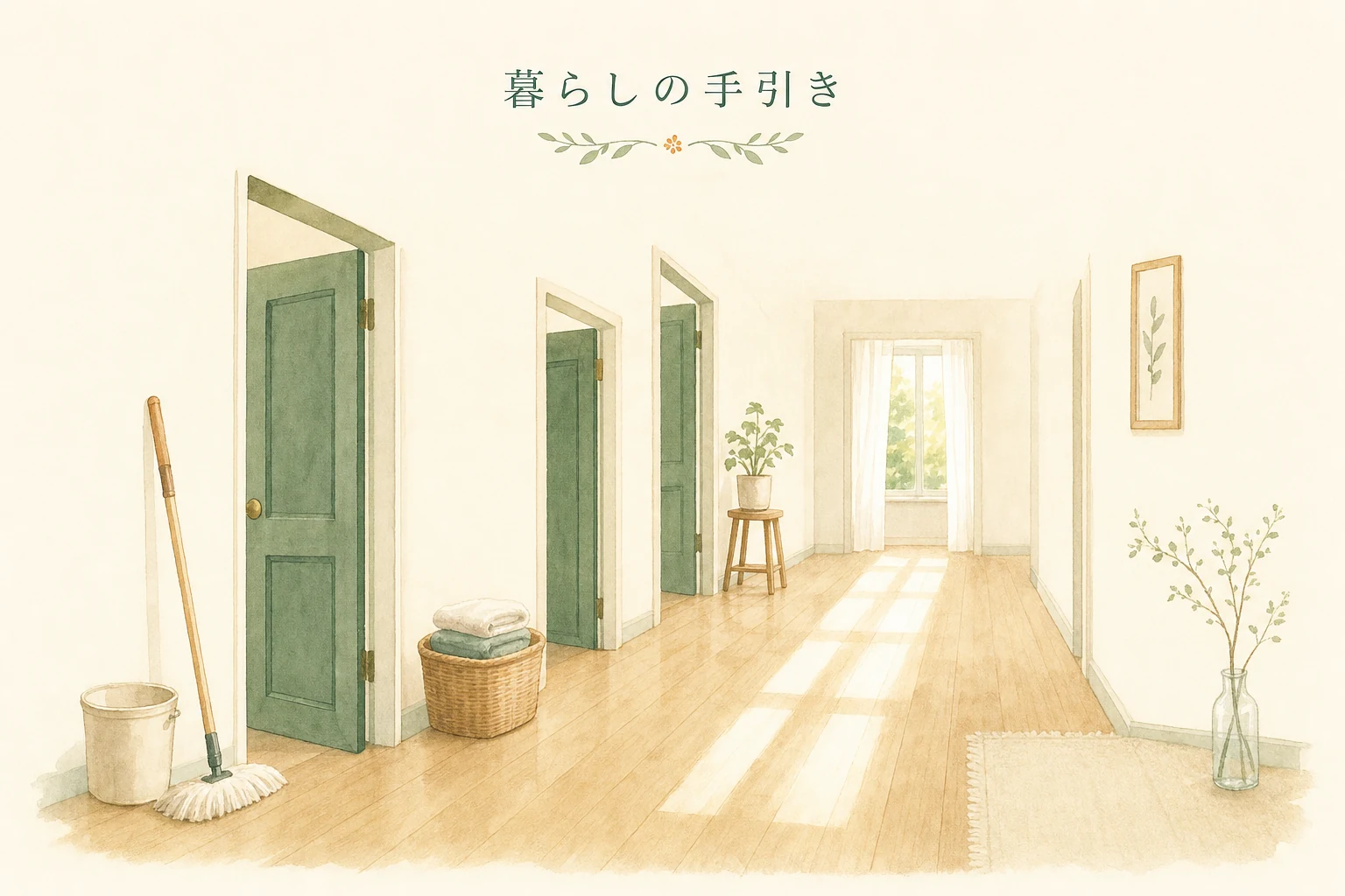廊下の奥に部屋の入口が続き、それぞれの戸口に道具やかごが置かれた家の全体を思わせるアイキャッチ