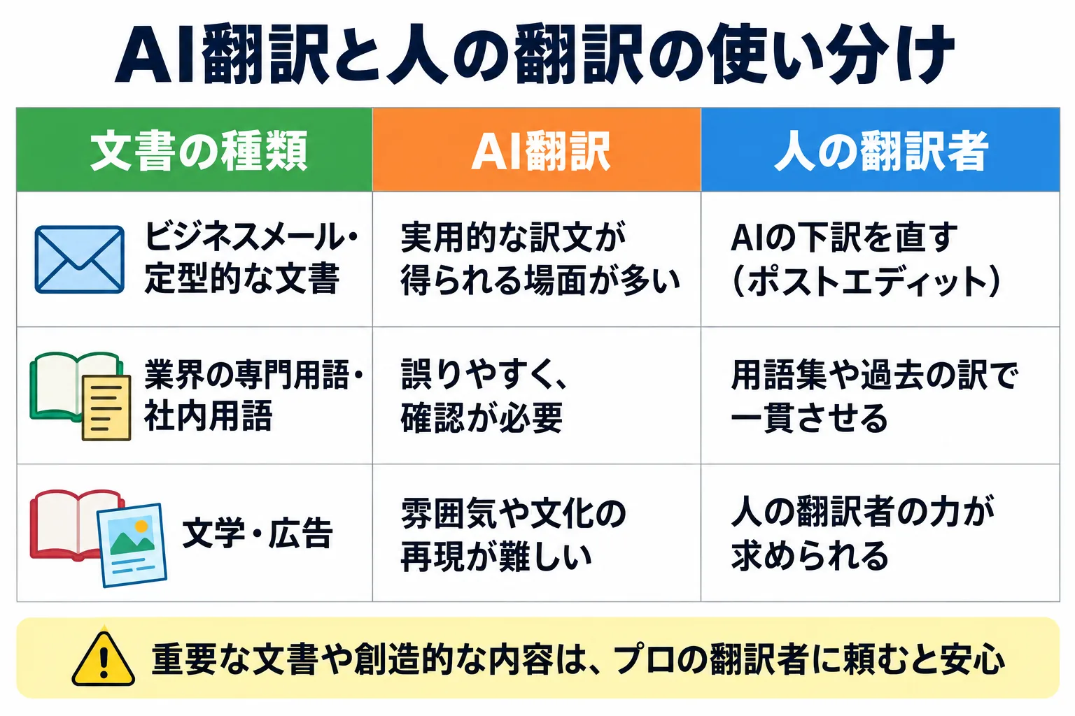 文書の種類ごとに、AI翻訳で足りる場面と人の翻訳者に任せたい場面を比べた使い分けの表。