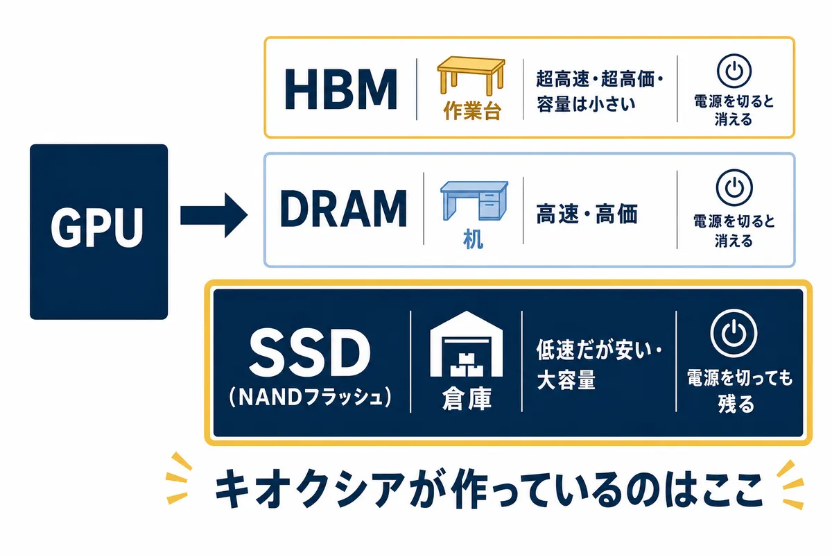 図1：AIサーバーの中で、メモリは役割ごとに3階層に分かれている