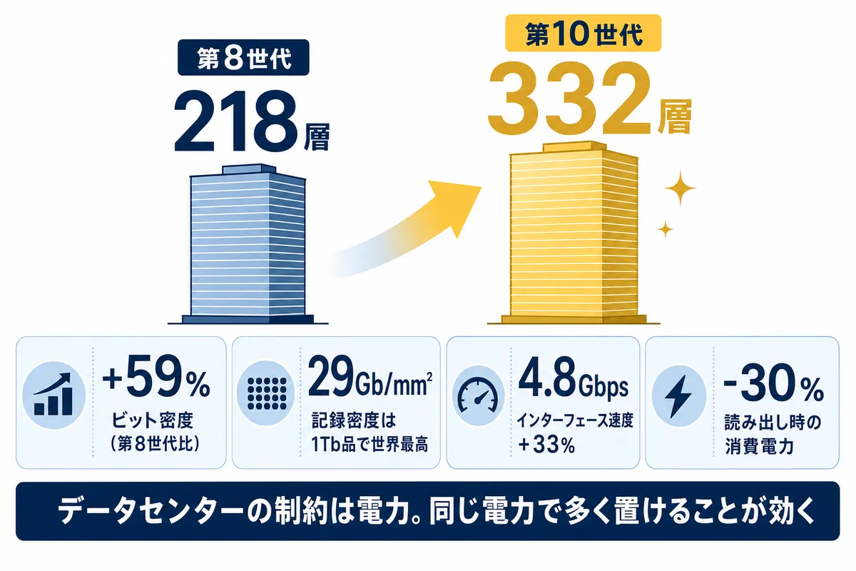 図4：第10世代BiCS FLASHの主な改善（第8世代比）
