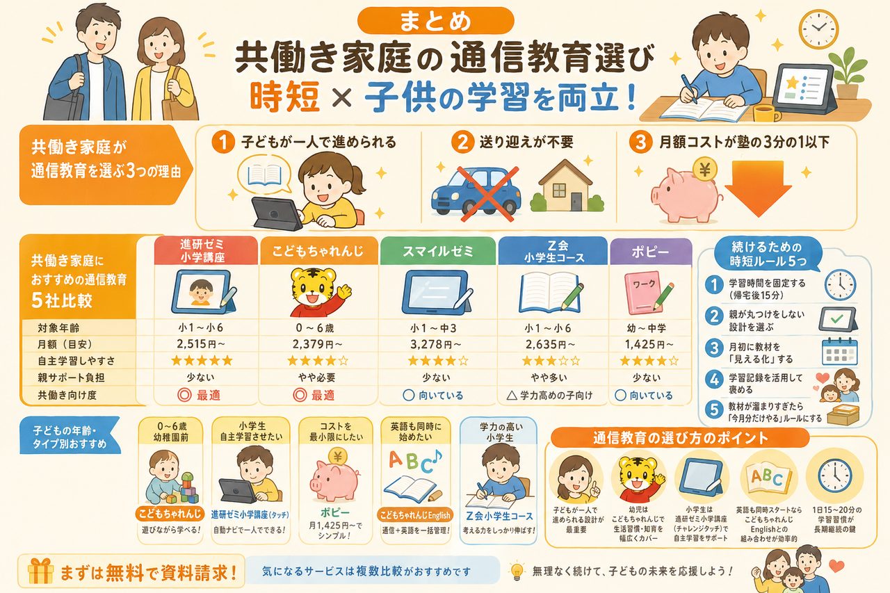共働き家庭の通信教育選びまとめ図解