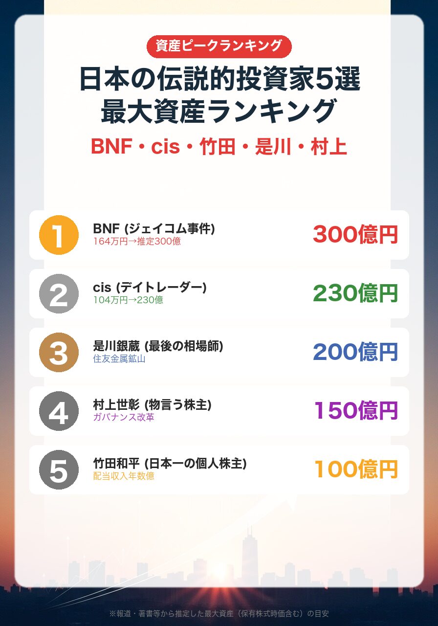 日本の伝説的投資家5選 最大資産ランキング|BNF 300億・cis 230億・是川200億・村上150億・竹田100億