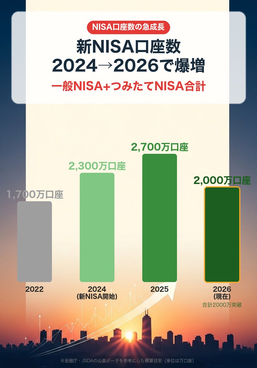 新NISA口座数推移|2022年1,700万→2024年2,300万→2026年2,000万口座突破