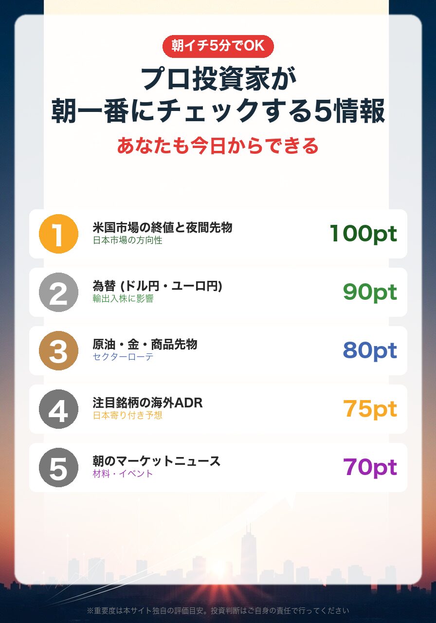 プロが朝一番にチェックする5情報|米国市場・為替・商品先物・ADR・マーケットニュース