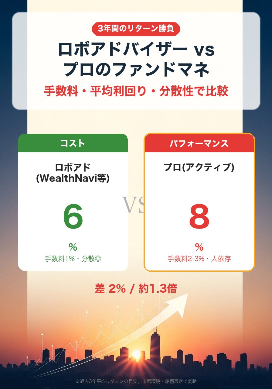 ロボアドバイザー vs プロ ファンドマネ|ロボアド平均6%・プロ8%、手数料差で実質パフォーマンスは拮抗