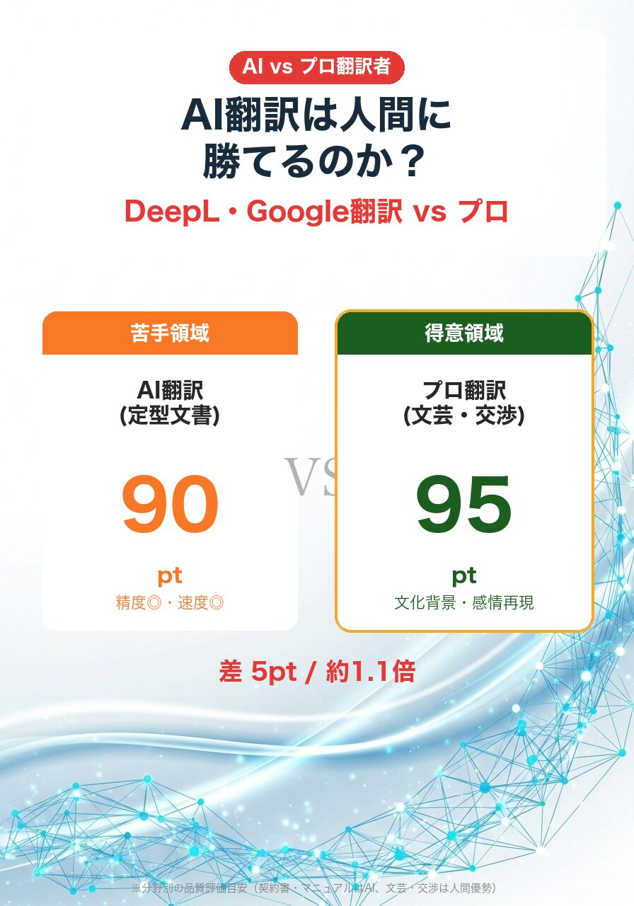 AI翻訳 vs プロ翻訳|定型文書はAI 90pt・文芸/交渉は人間 95pt