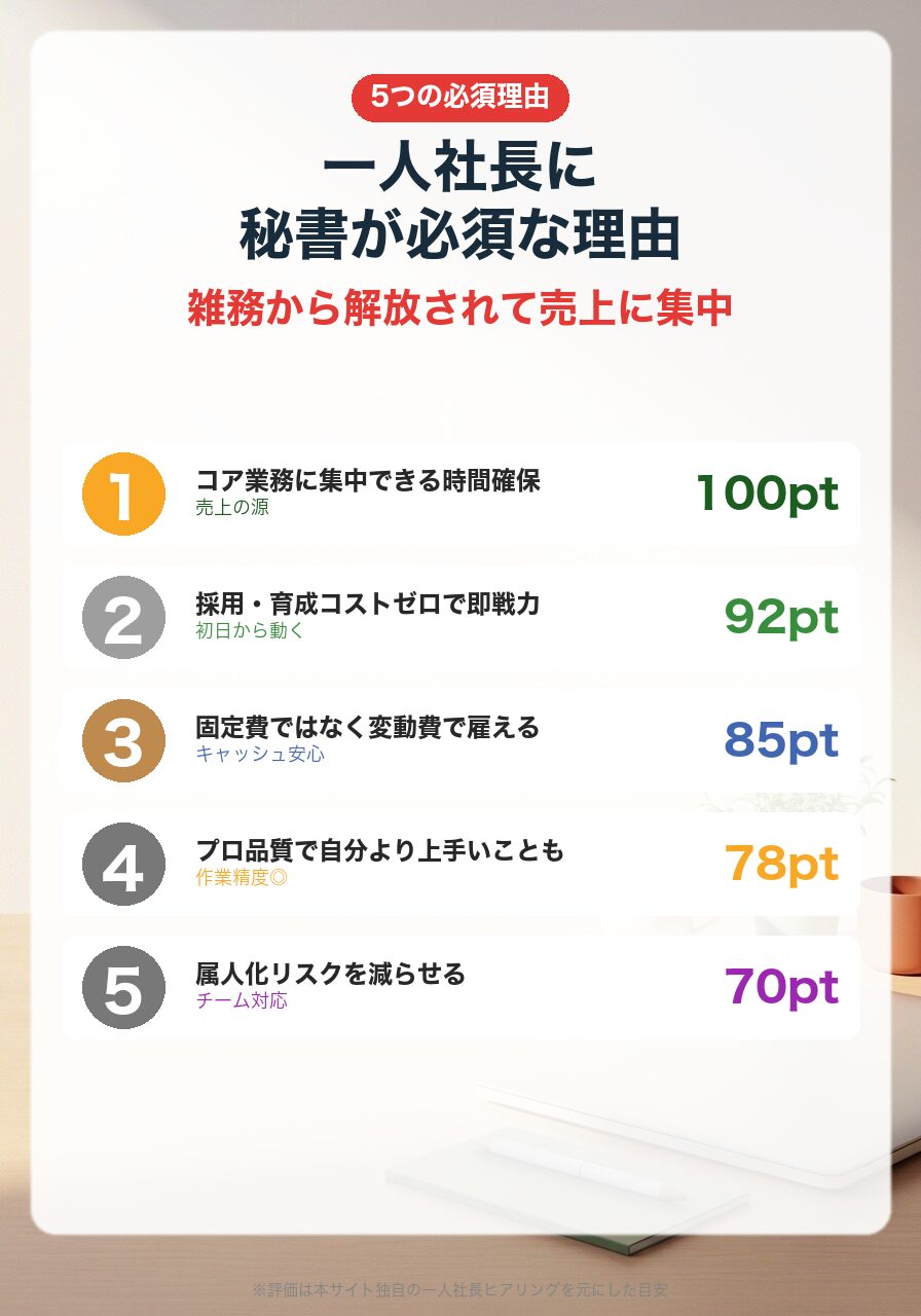 一人社長に秘書が必須な5つの理由|時間確保・即戦力・変動費・プロ品質・属人化解消