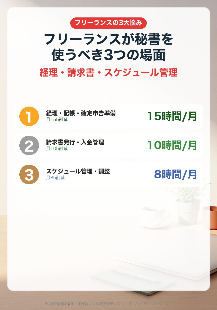 フリーランスが秘書を使う3つの場面|経理15h・請求書10h・スケジュール8h削減