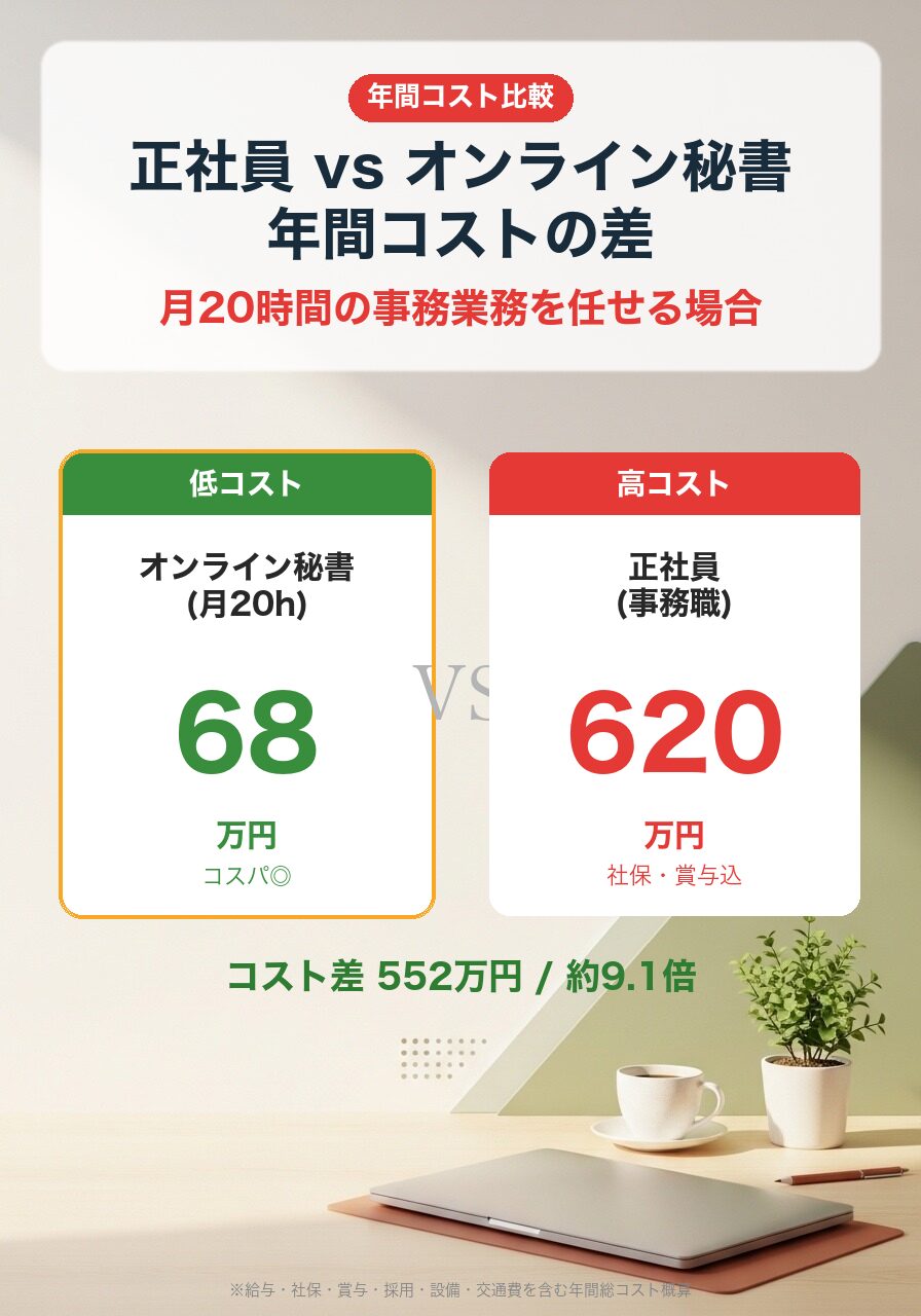 正社員 vs オンライン秘書 年間コスト比較|正社員620万円 / オンライン秘書68万円・差額552万円