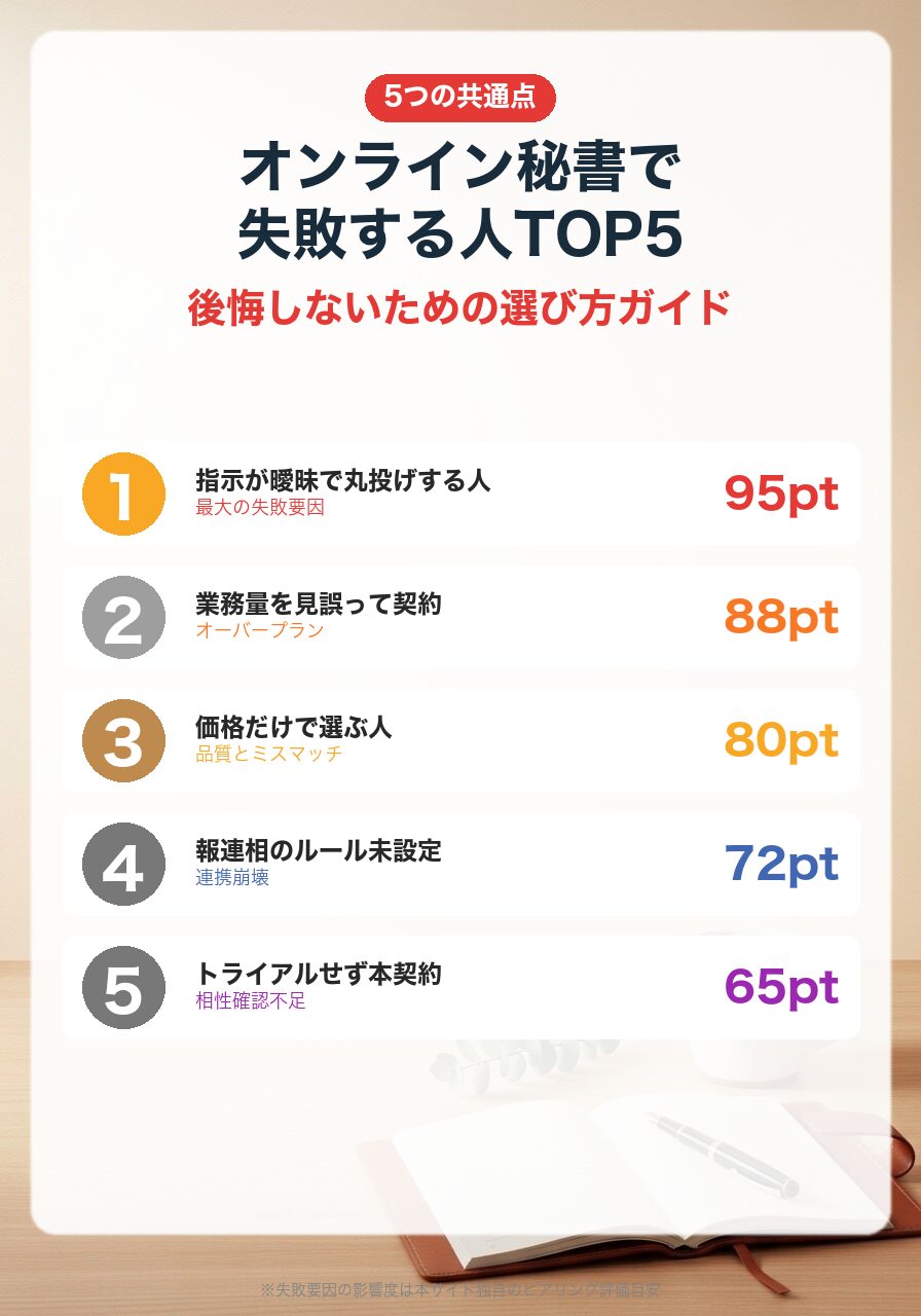 オンライン秘書で失敗する人TOP5|丸投げ・業務量見誤り・価格だけ・報連相未設定・トライアル無し