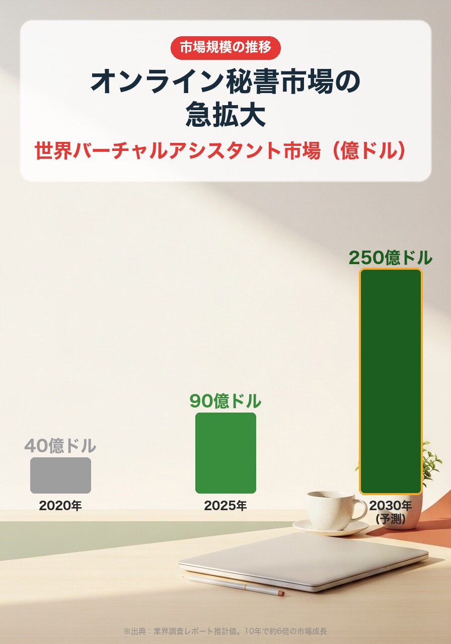 世界バーチャルアシスタント市場規模推移|2020年40億ドル→2025年90億ドル→2030年250億ドル予測