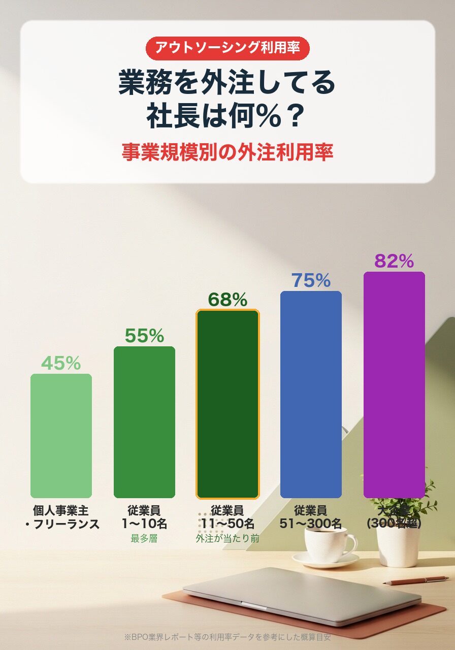 事業規模別 業務外注利用率|個人45% / 1-10名55% / 11-50名68% / 51-300名75% / 大企業82%