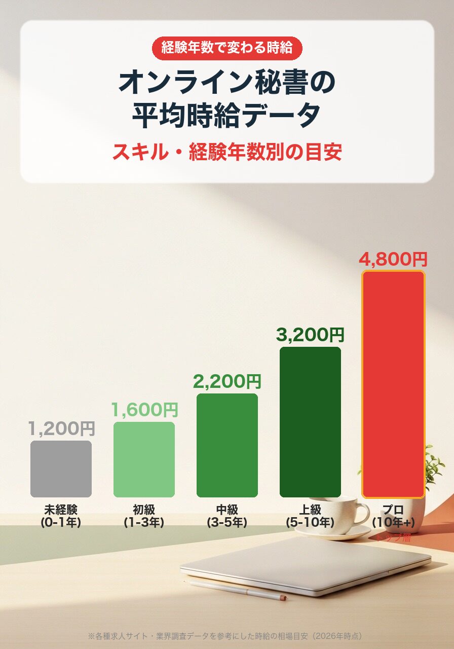 オンライン秘書の経験年数別時給|未経験1,200円→初級1,600→中級2,200→上級3,200→プロ4,800円