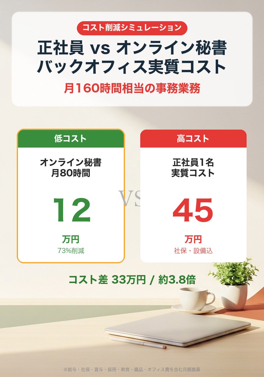 バックオフィスコスト比較|正社員月45万円 vs オンライン秘書月12万円・最大73%削減