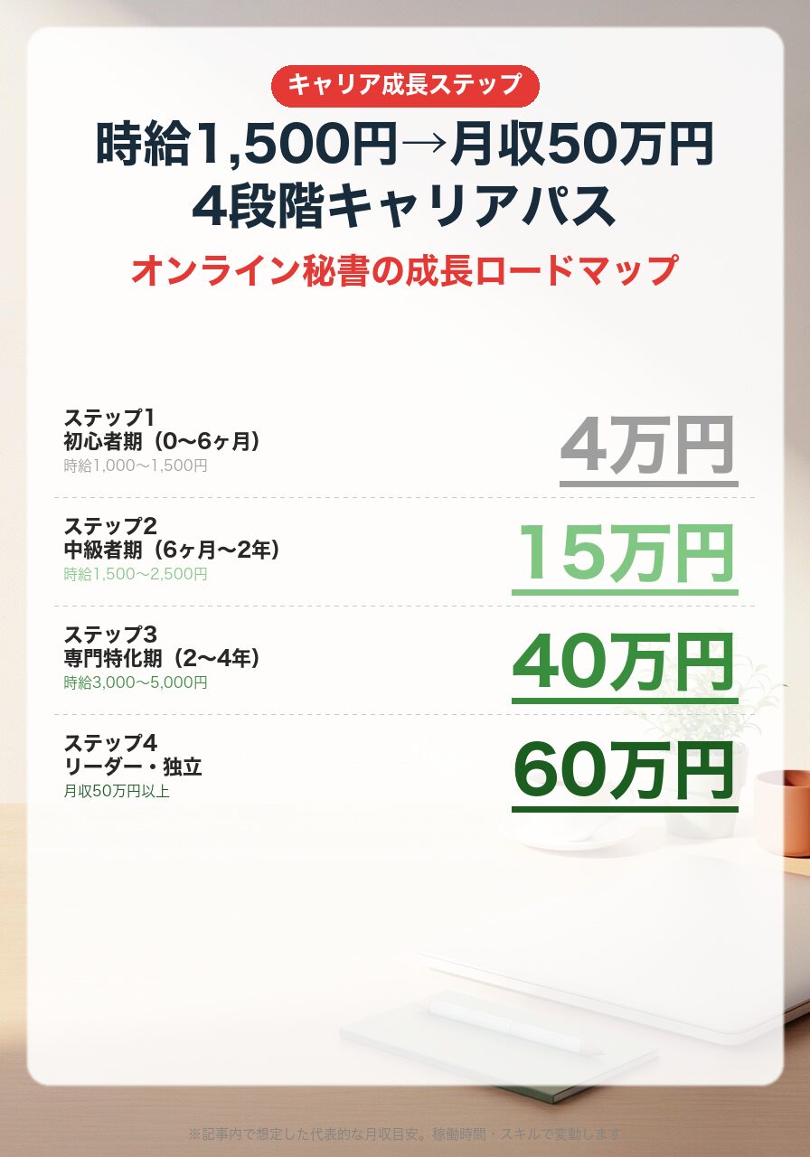 オンライン秘書キャリアパス|初心者4万→中級15万→専門40万→リーダー60万円への成長