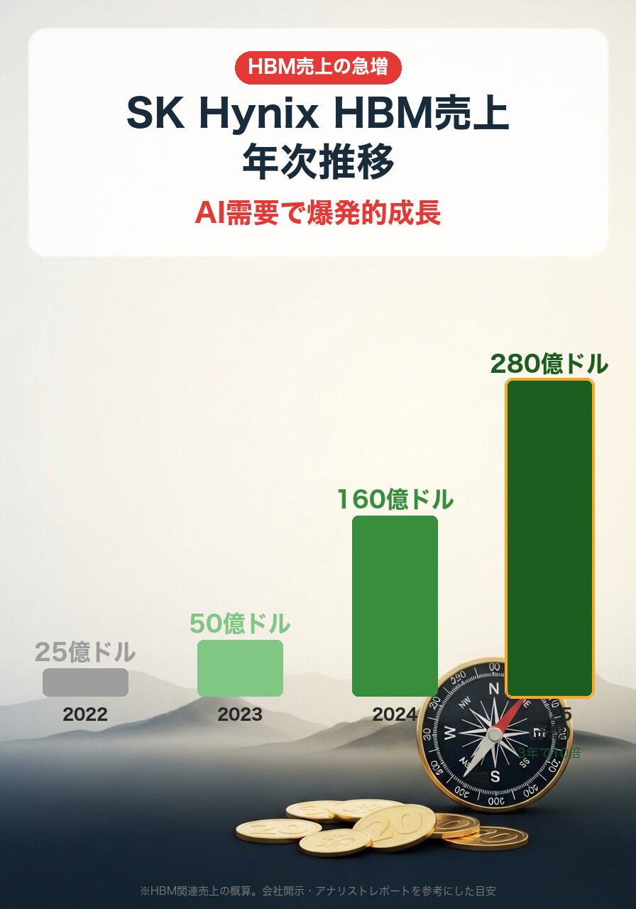SK Hynix HBM売上推移|2022年25億ドル→2025年予想280億ドル、3年で10倍以上