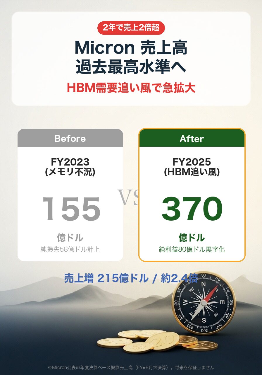 Micron売上高推移|FY2023 155億ドル → FY2025 370億ドル、2年で約2.4倍