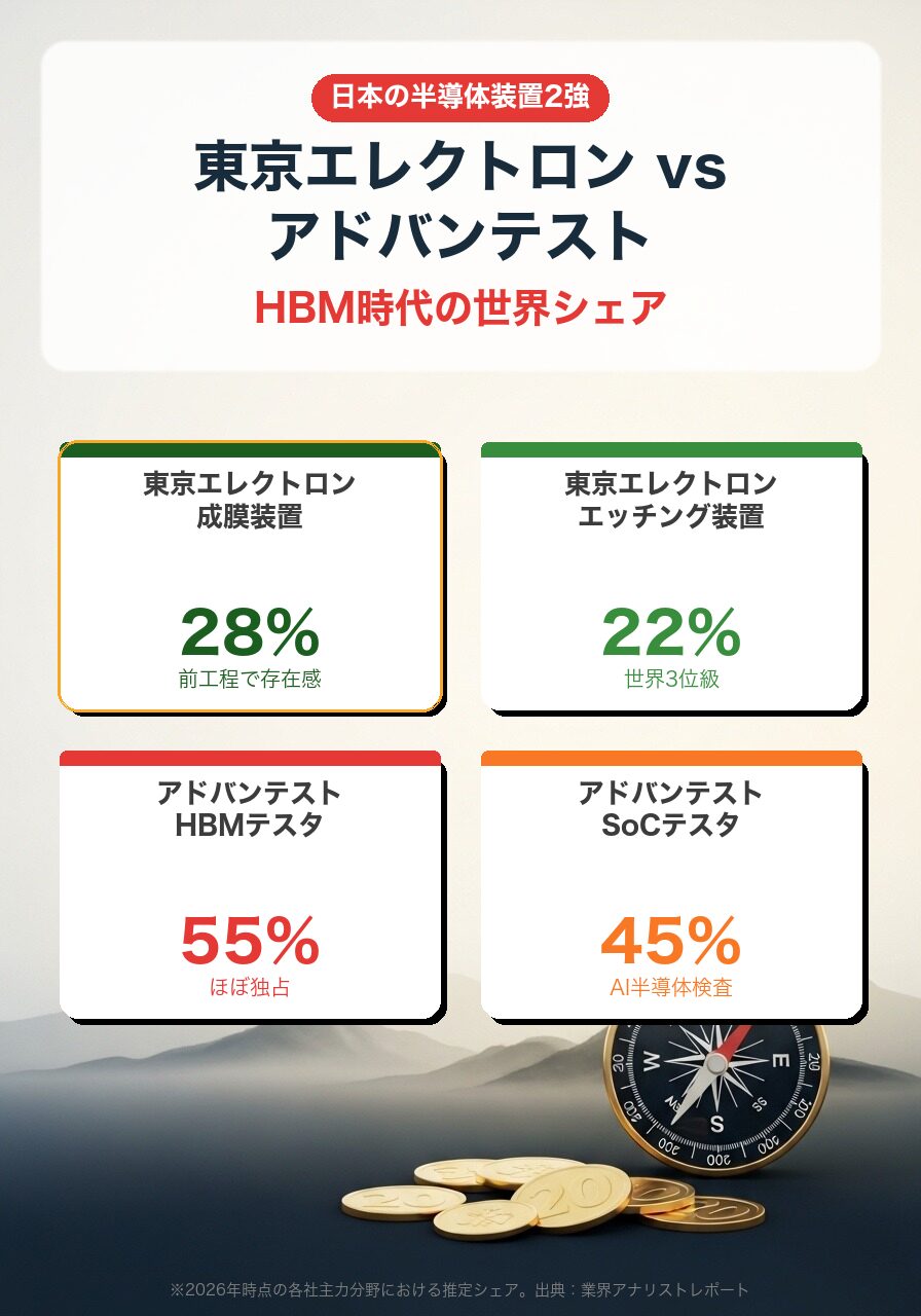 東京エレクトロン vs アドバンテスト 世界シェア|TEL成膜28%・エッチング22% / アドバンテスト HBMテスタ55%・SoCテスタ45%
