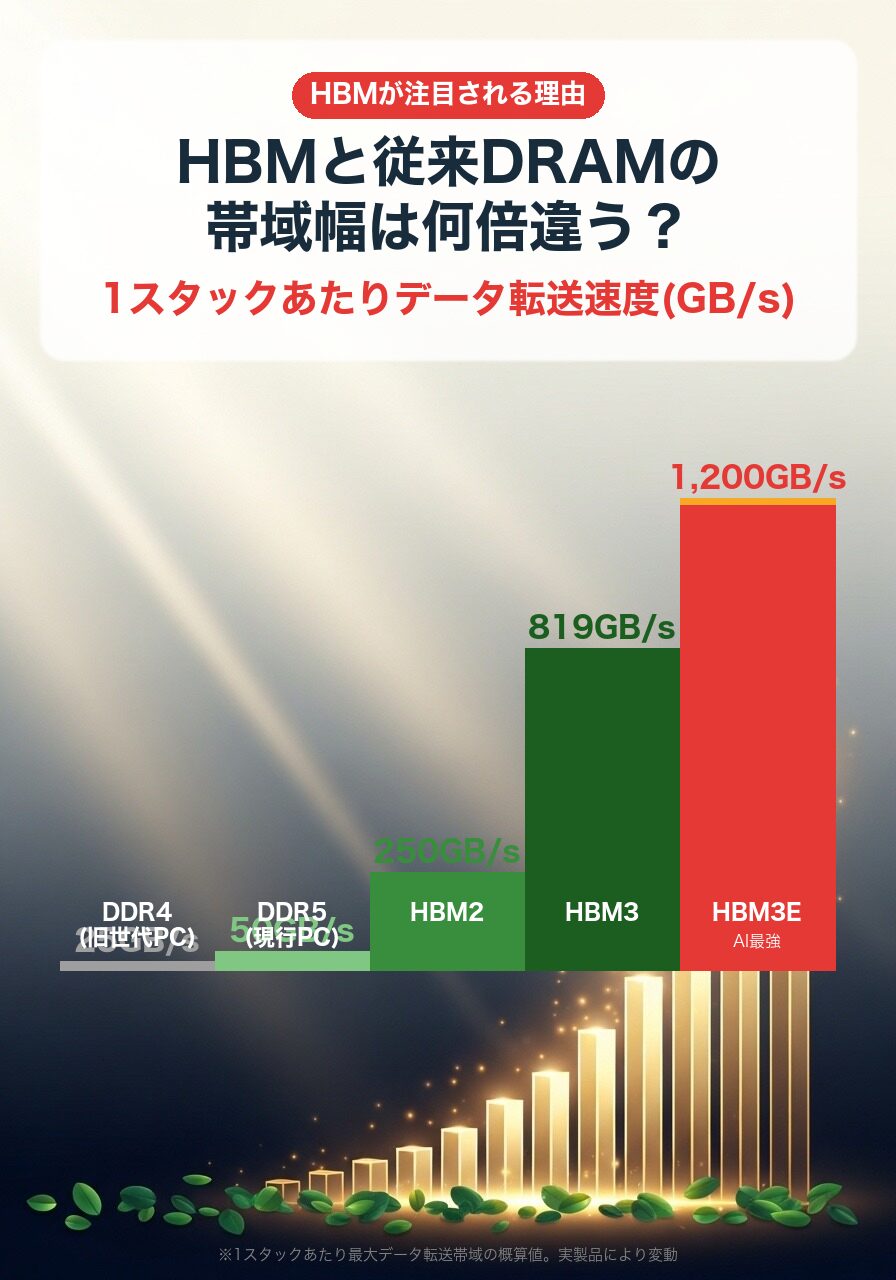 メモリ帯域幅比較|DDR4 25GB/s・DDR5 50・HBM2 250・HBM3 819・HBM3E 1200GB/s