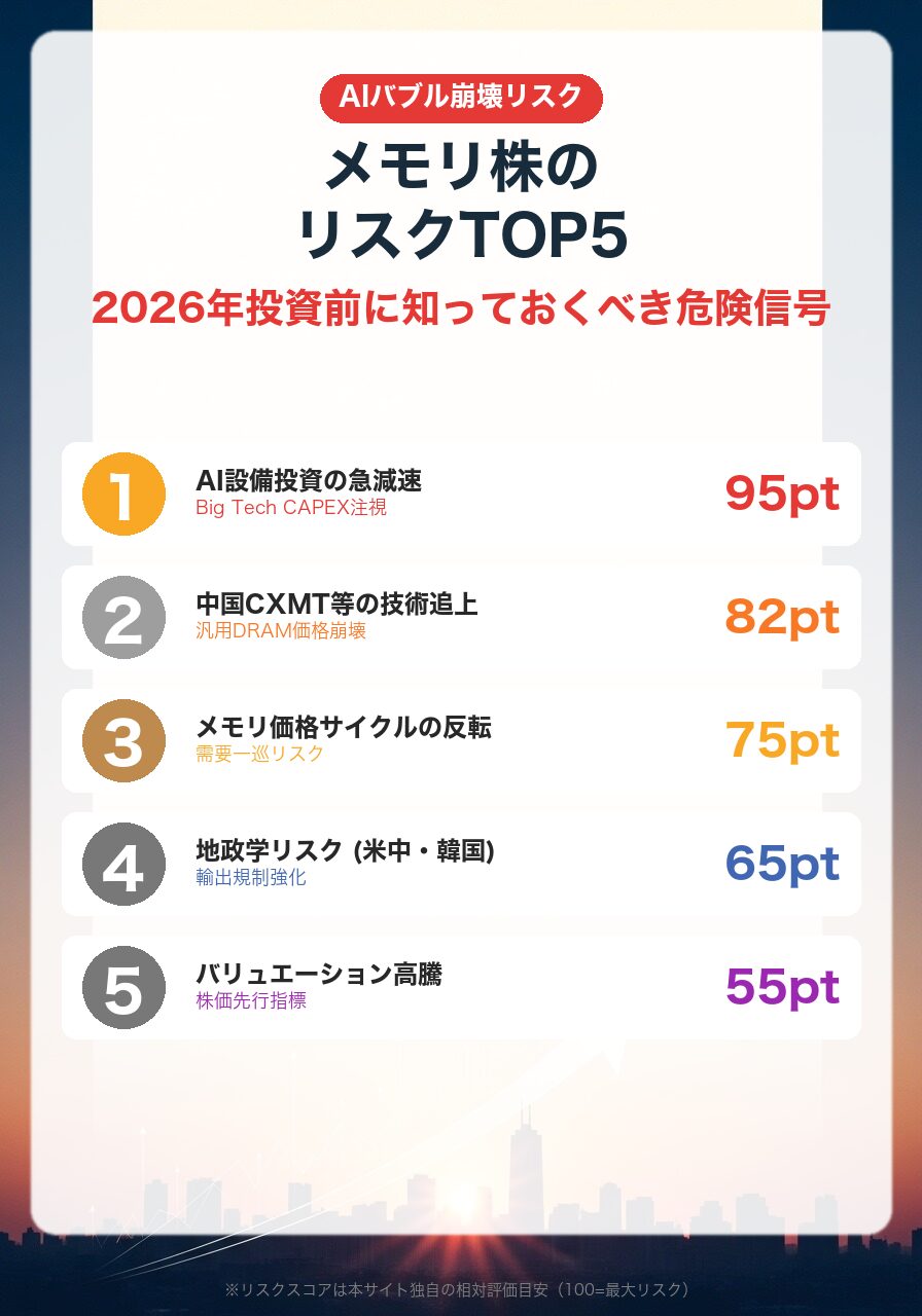 2026年メモリ株のリスクTOP5|AI設備投資減速・中国追上・価格サイクル反転・地政学・割高感