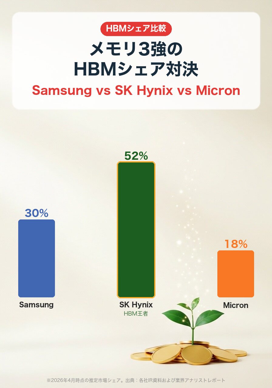 メモリ3強のHBMシェア比較|Samsung 30%・SK Hynix 52%・Micron 18%