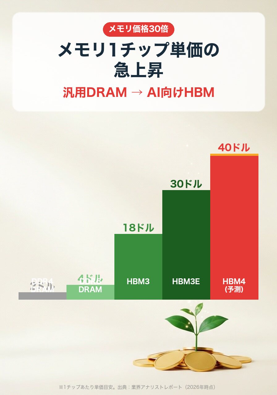 メモリ1チップ単価の推移|DDR4 2ドルからHBM4 40ドルへ20倍の急上昇